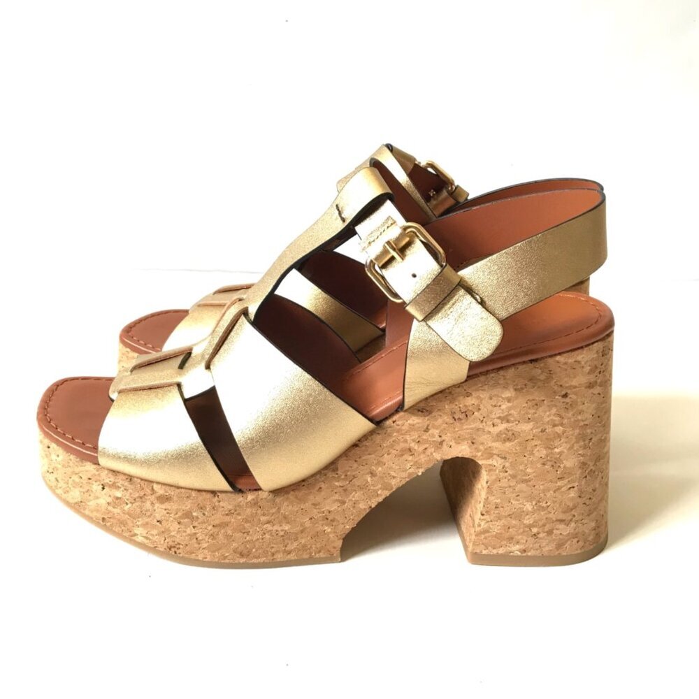 ME & EM T Bar Cork Platform Sandals Womens 41 11 Gold Leather Fisherman Heels - Picture 8 of 15